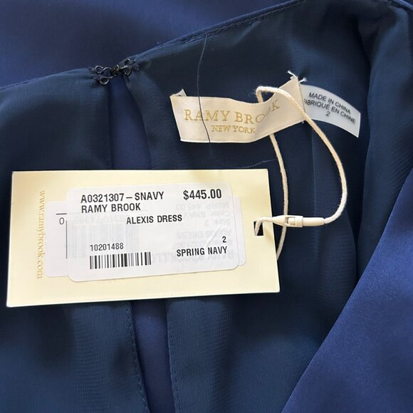 NWT Ramy Brook Navy Satin Faux Wrap Short Dress Flutter Sleeves Tie V-Neck Sz 2 - Picture 4 of 6